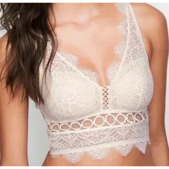 VICTORIA’S SECRET Bralette XL BRA Dream Angels EYELASH LACE Longline Beige G25 - Picture 1 of 9